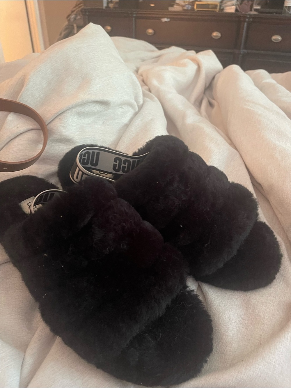 UGG Black Plush Crossband Slide Sandals